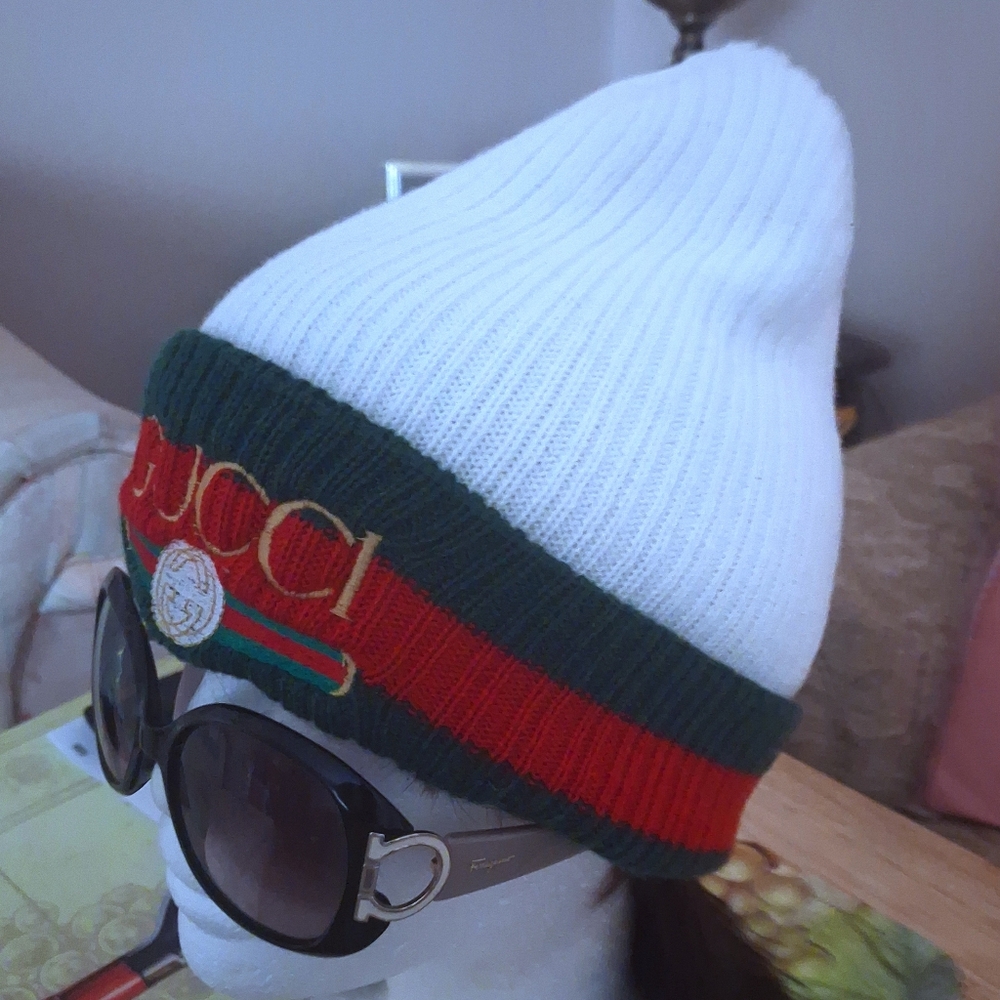 NEW Custom Made Designer Unisex White, Green & Gold Logo Beanie Winter Hat - Picture 9 of 10
